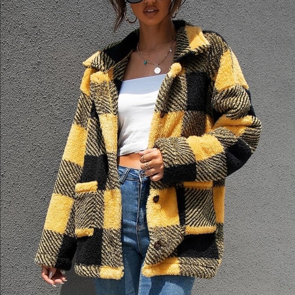 Gingham plaid teddy coat with buttons cozy - Picture 2 of 15